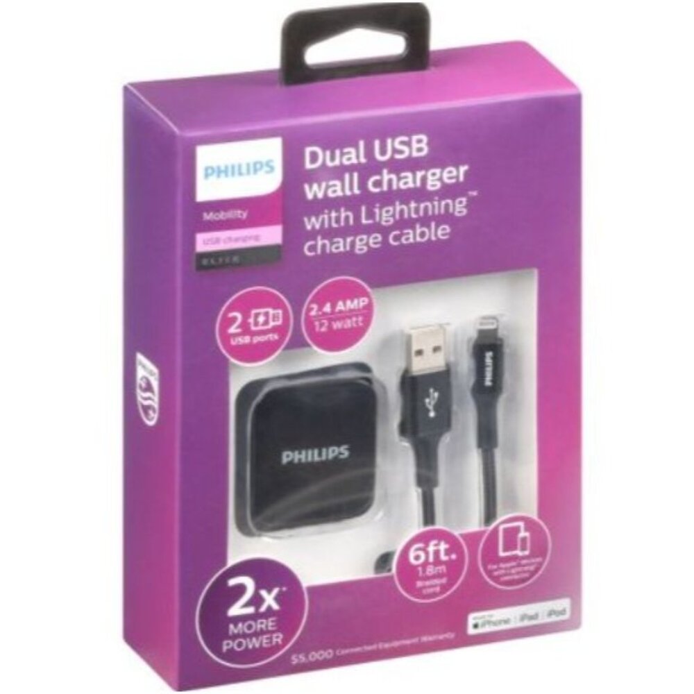 Philips Dual USM Wall Chager with USA-a/USB-C Charge Cable, Black